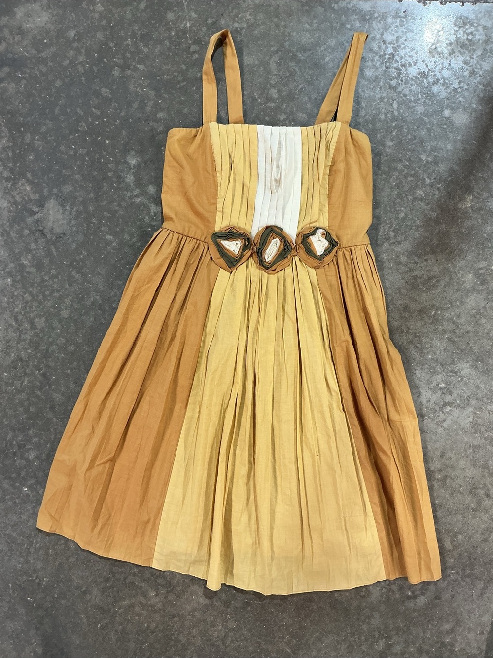 Ryu Mustard Cotton Pleated Floral Fit & Flare Dress L